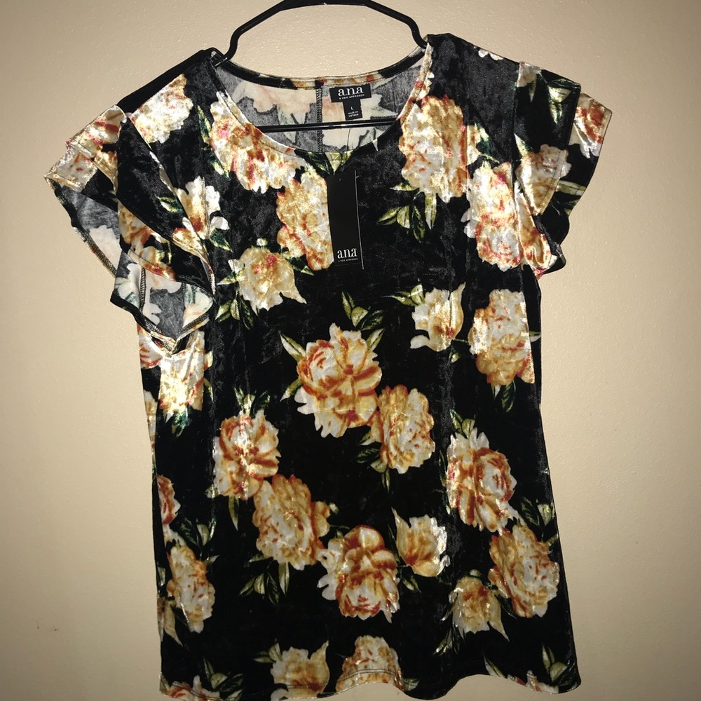 velvet feeling black floral print blouse